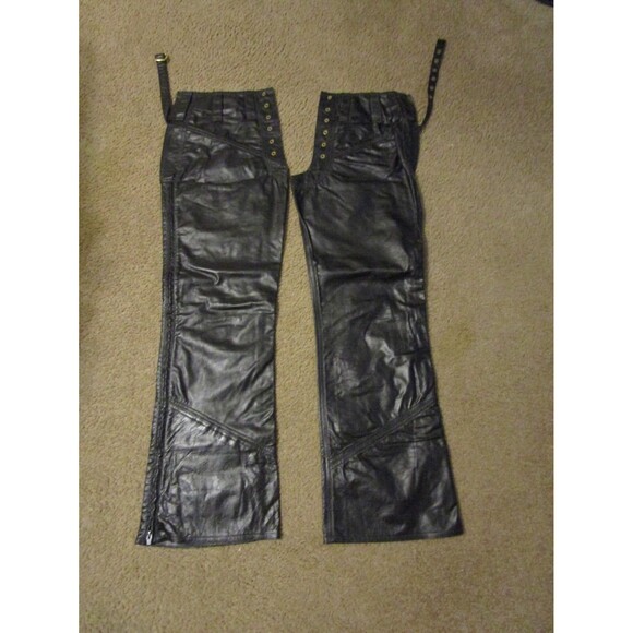 VTG DANE III-Zipper-Soft Black Leather Motorcycle Chaps-Adult L-made in USA - Picture 1 of 7